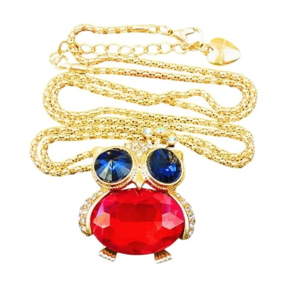Betsey Johnson Necklace Red & Blue Rivoli Crystal Owl Brooch / Pendant Gold Tone - Picture 1 of 2